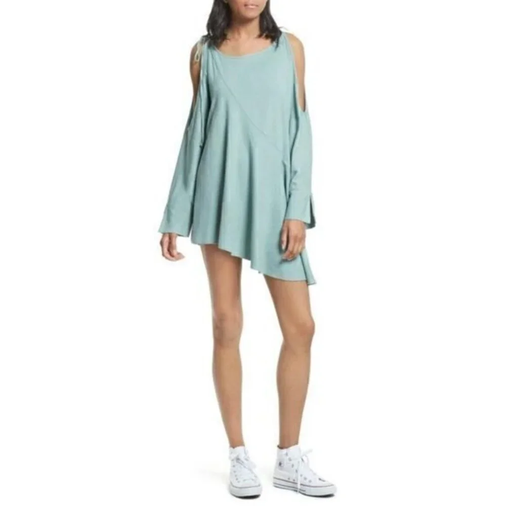 Free People Clear Skies Turquoise Blue Asymmetrical Long Sleeve Tunic Dress Sz L
